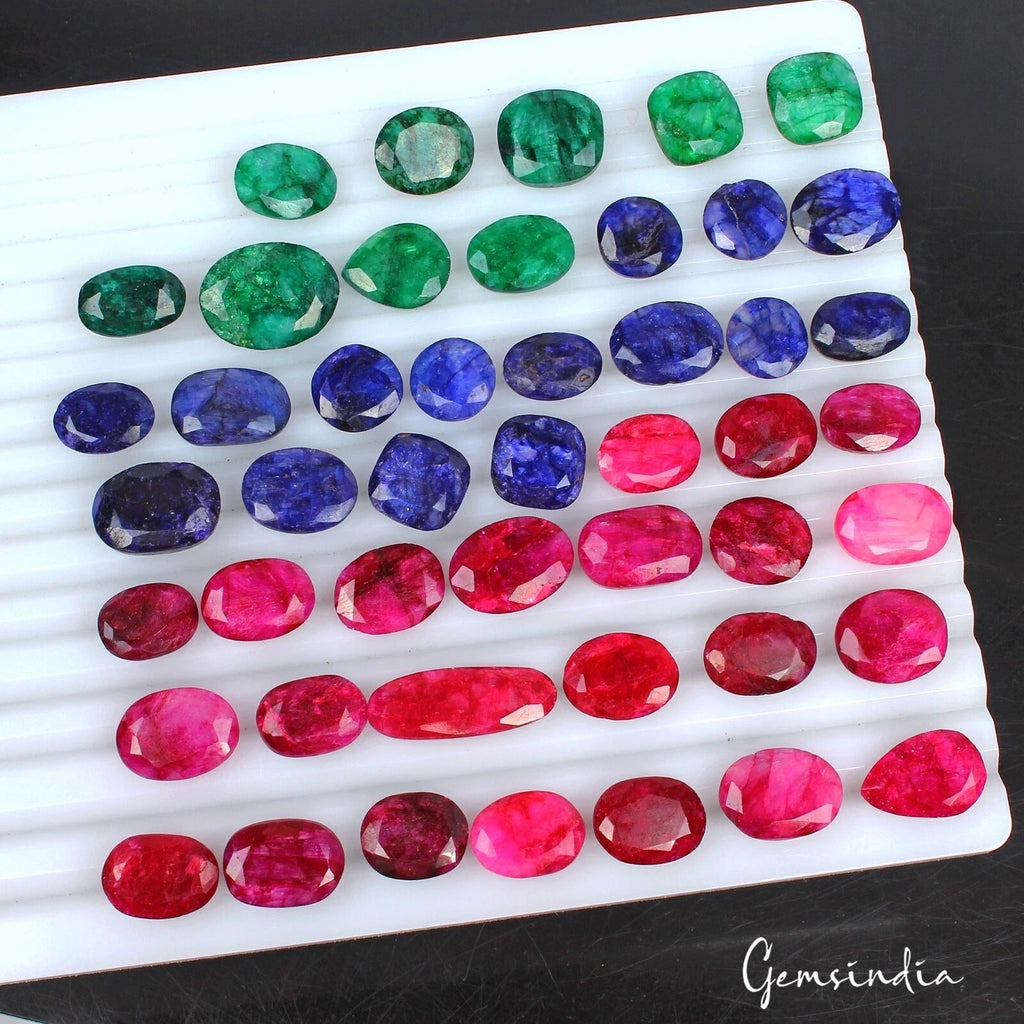 Natural Blue Red Beryl & Emerald Mix Faceted Wholesale Gems Lot 420 Ct/ 47 Pcs