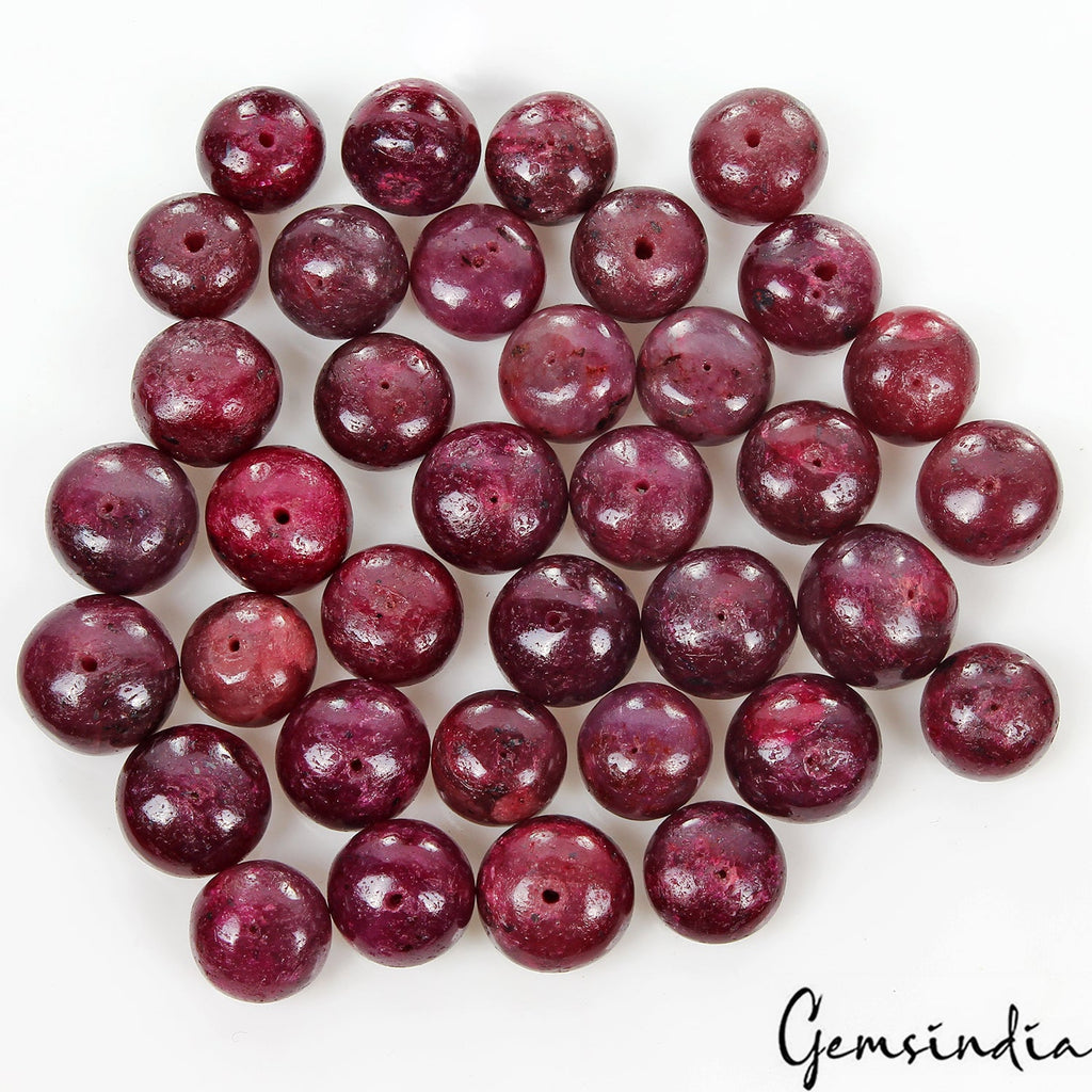 670 Ct/36 Pcs Natural Deep Red Ruby Round Cab Drilled Beads Jewelry Beads Lot