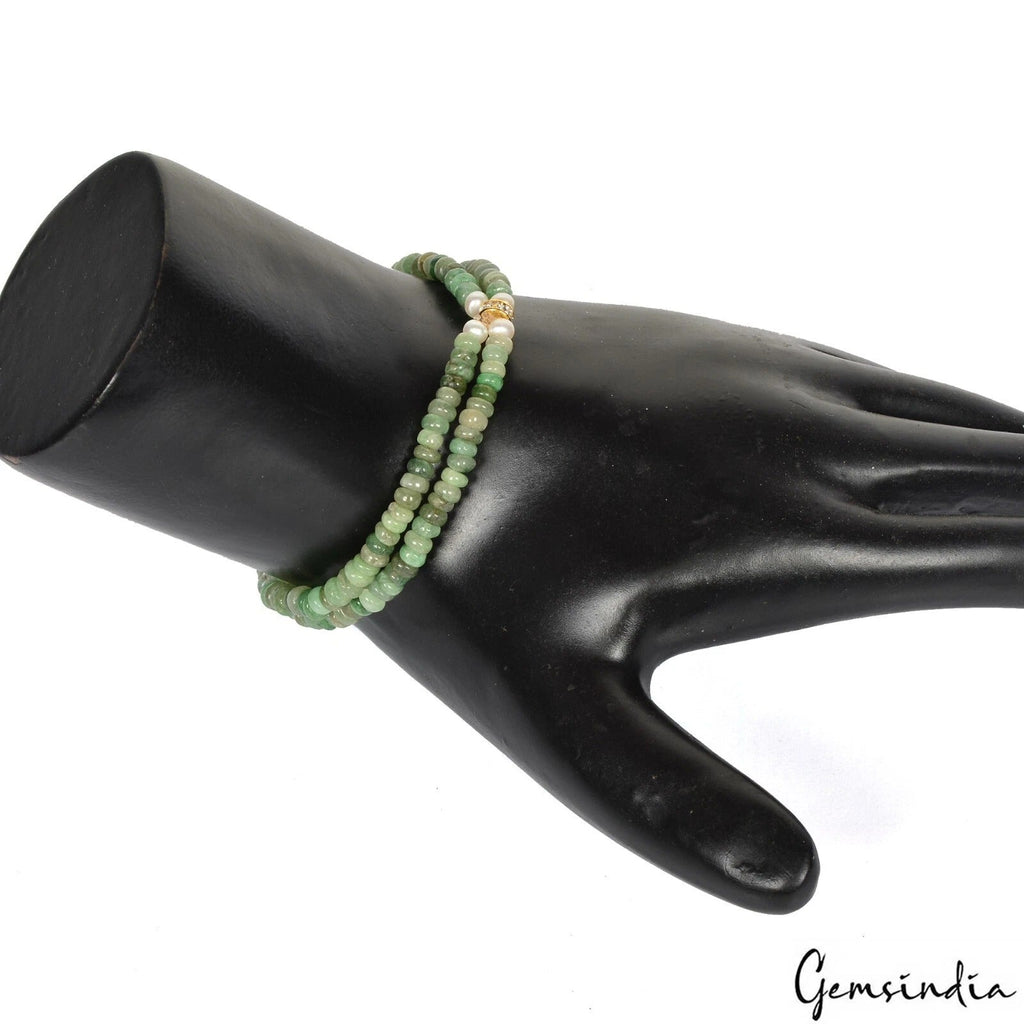 61.10 Ct Natural Emerald Gems Round Cab Drilled Double Strand Handmade Bracelet