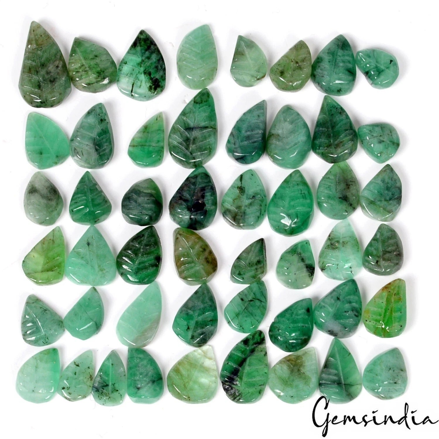 50 Ct/50 Pcs Natural Brazilian Green Emerald Pear Cut Leaf Carved Loose Gems Lot