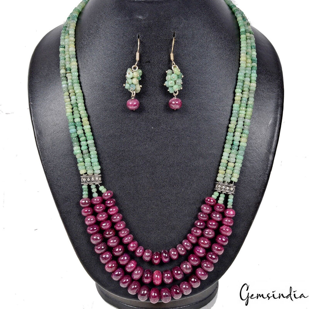 614.30Ct Natural Ruby Emerald Beads Cabochon Stones Handmade Necklace w Earrings