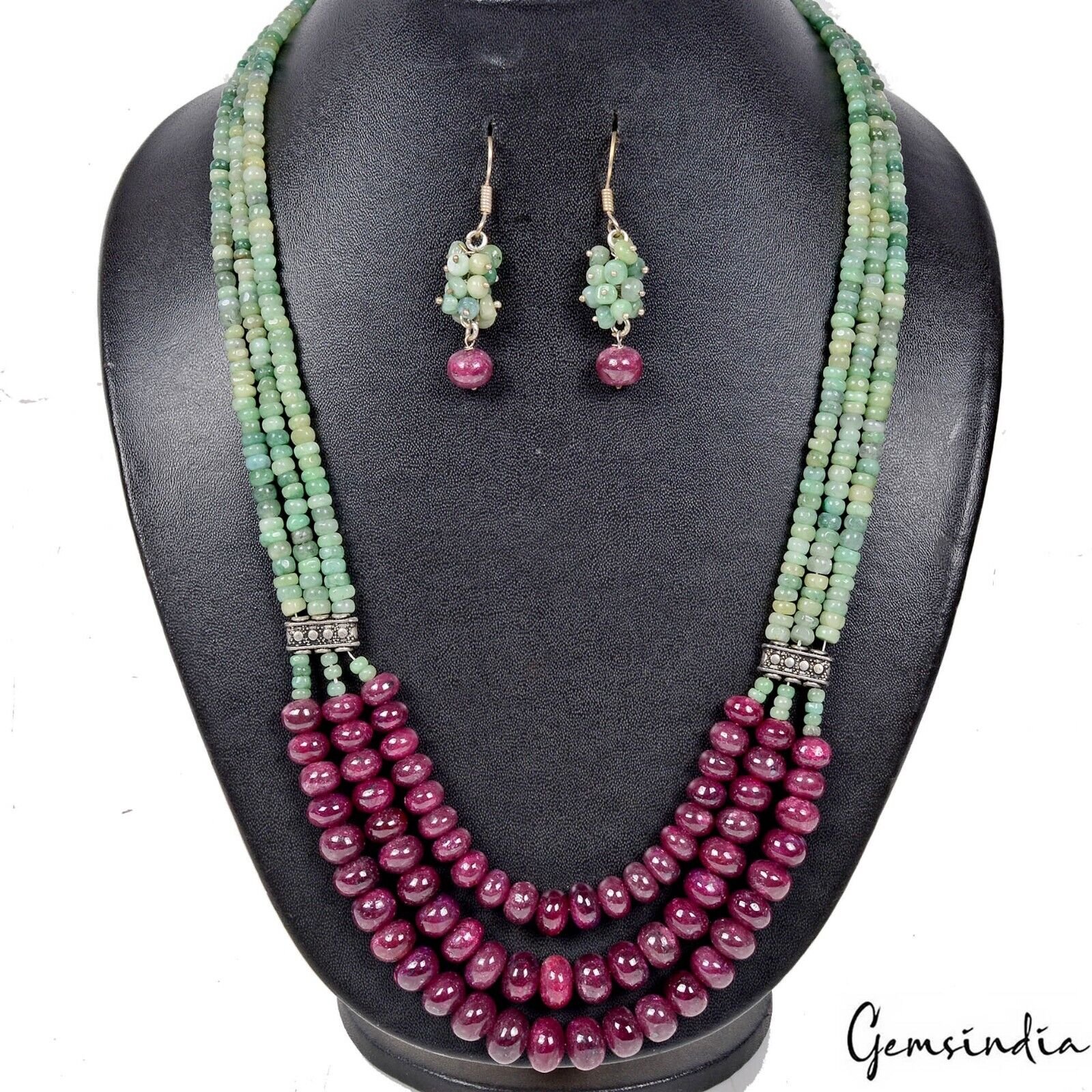 614.30Ct Natural Ruby Emerald Beads Cabochon Stones Handmade Necklace w Earrings
