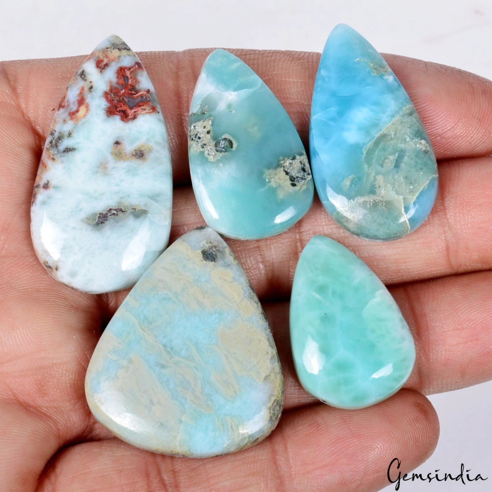 Lot 5 Pcs Dominican Natural Larimar Hi-Quality 25-38mm Pear Cabochon Gemstones