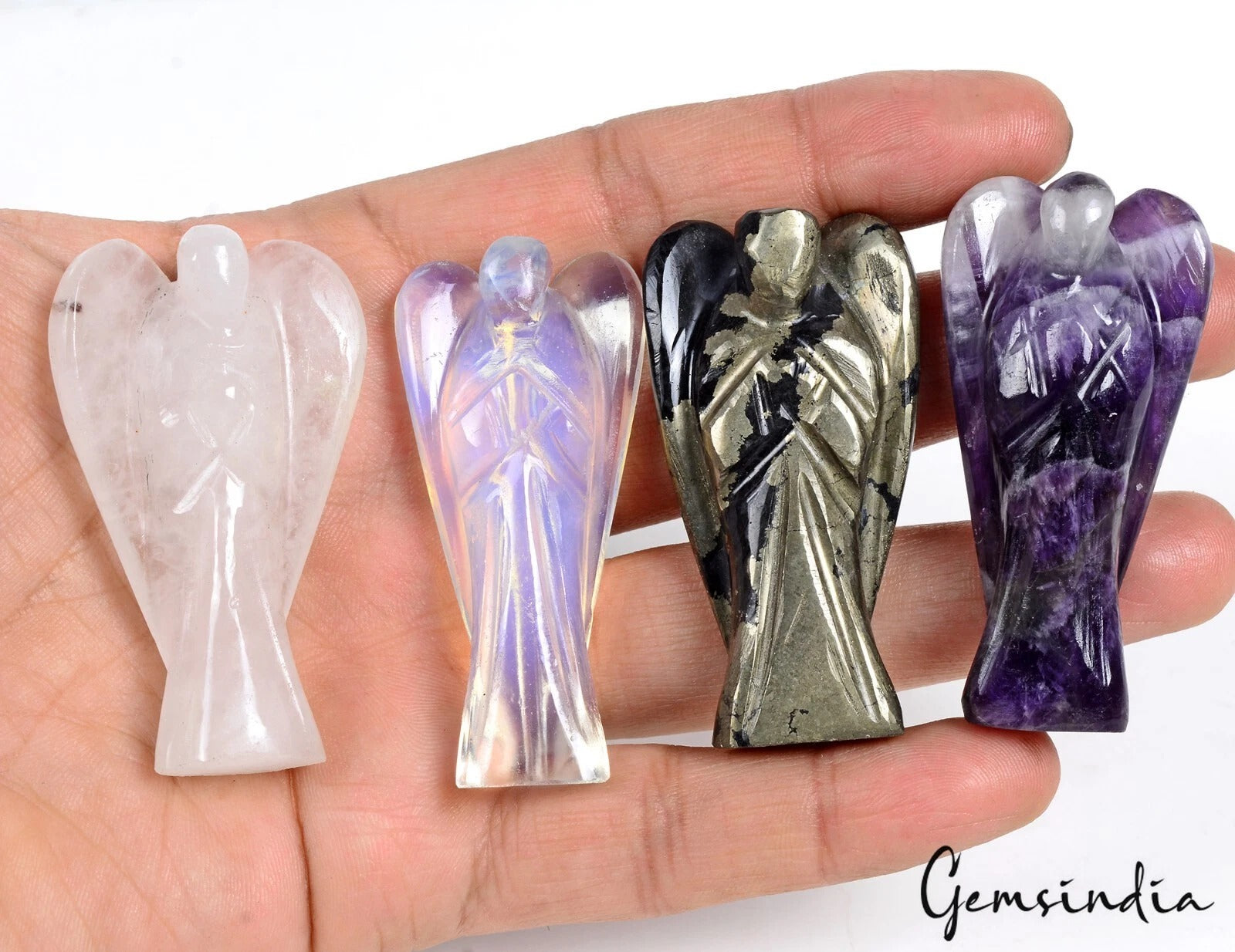 670 Cts/4 Pcs Multi Gems Angel Carved Pocket Size Healing Crystal Good Luck Gift