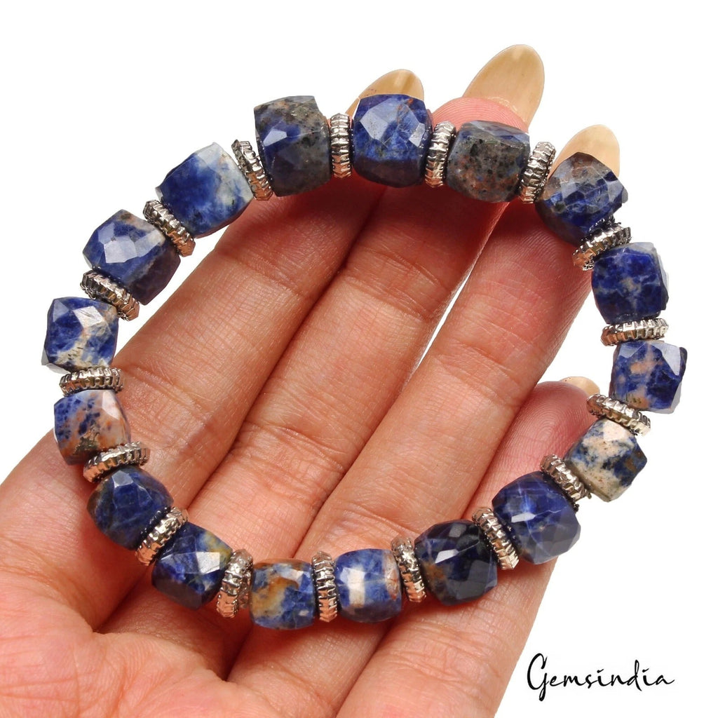 103.35 Cts Natural Blue Sodalite Gems Cube Cut Beaded Stretchable Bracelet 6.5"