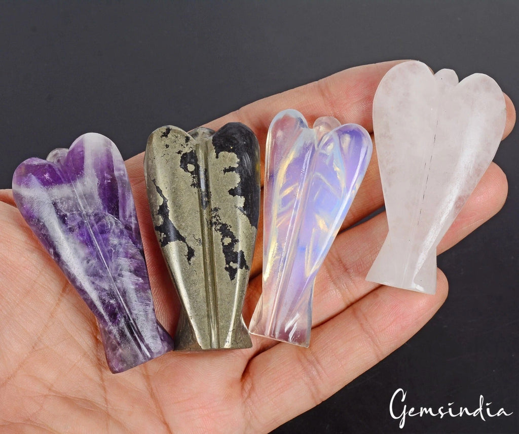 670 Cts/4 Pcs Multi Gems Angel Carved Pocket Size Healing Crystal Good Luck Gift