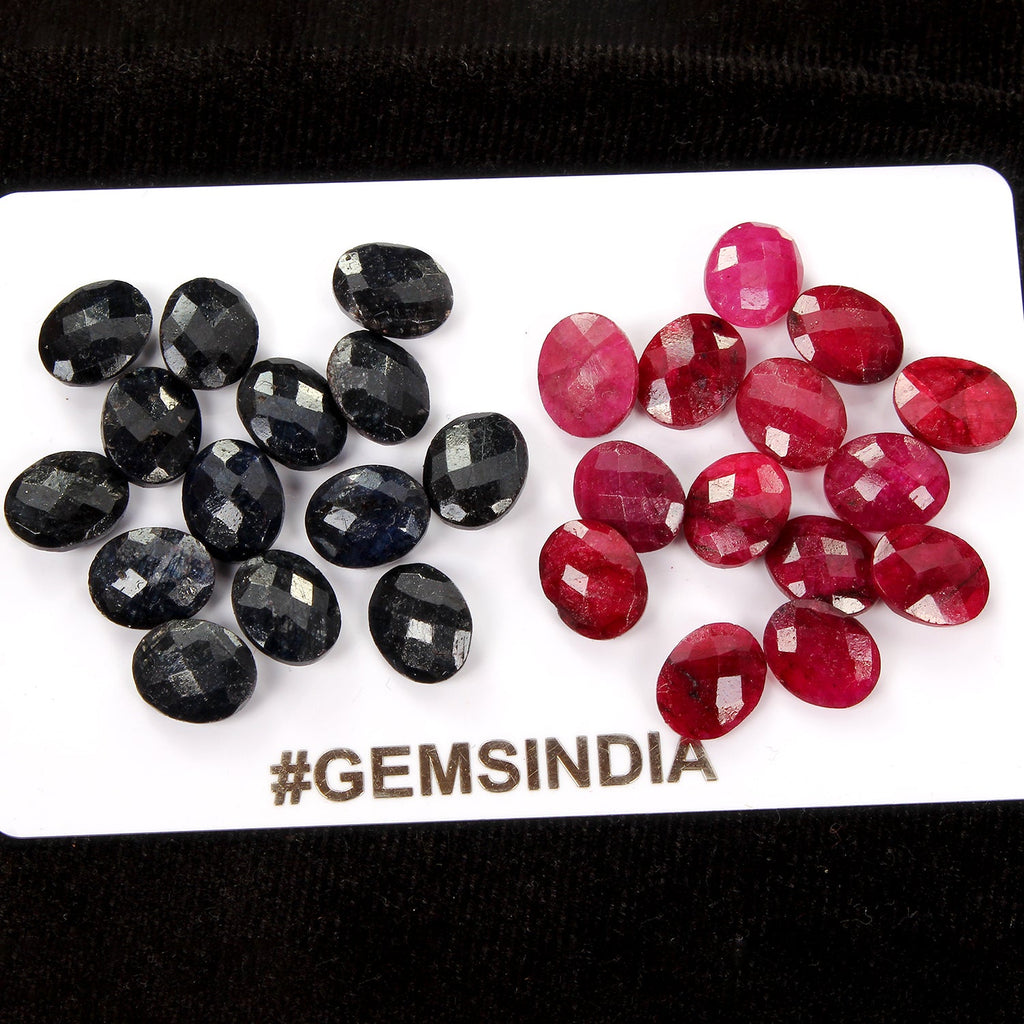 96.80 Ct/28Pcs Natural Red Ruby Blue Sapphire Oval Checker Cut 10x8mm Loose Gems
