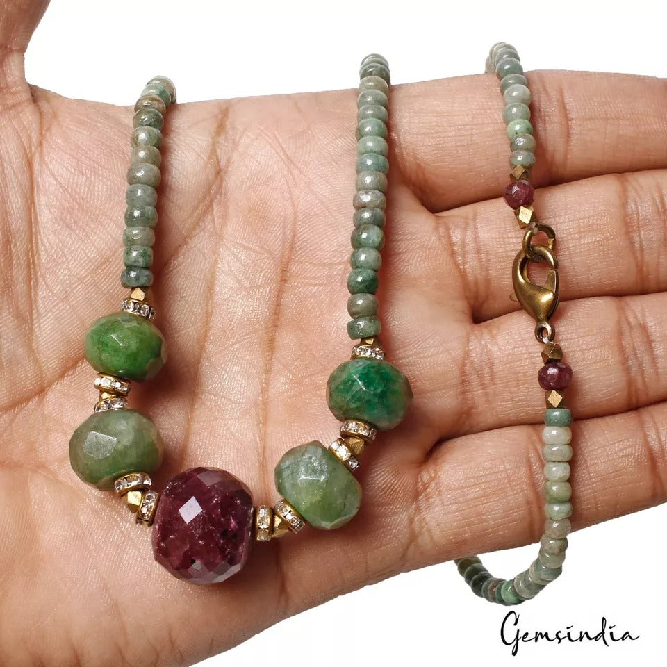 184.30 Ct Natural Red Ruby Green Emerald Round Beaded Single Strand Necklace 20"