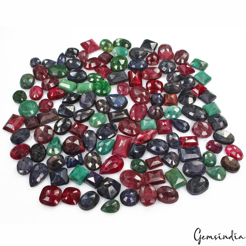 1400 Cts/123 Pcs Natural Red Ruby Green Emerald Blue Sapphire Mix Cut Loose Gems