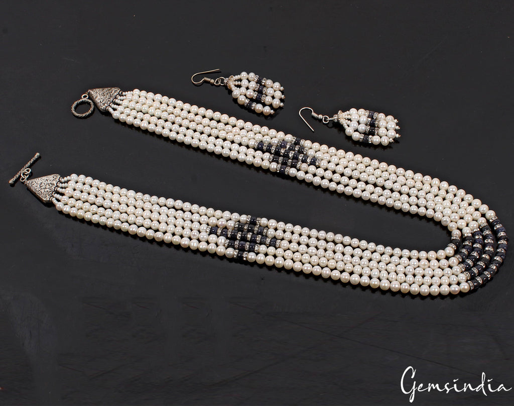 800 Ct Pearl & Sapphire Beaded Handmade 5 Strand Necklace Jewelry With Earrings