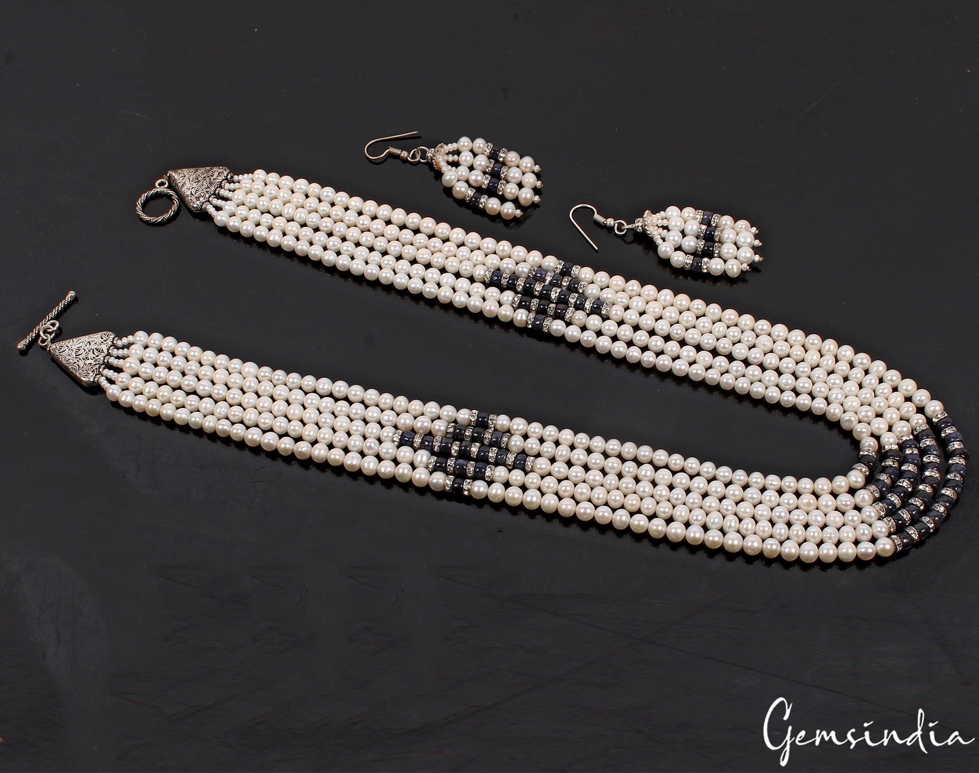 800 Ct Pearl & Sapphire Beaded Handmade 5 Strand Necklace Jewelry With Earrings