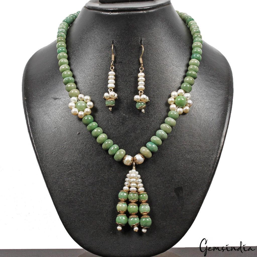 433 Cts Natural Green Emerald Freshwater Pearl Round Beaded Handmade Jewelry Set
