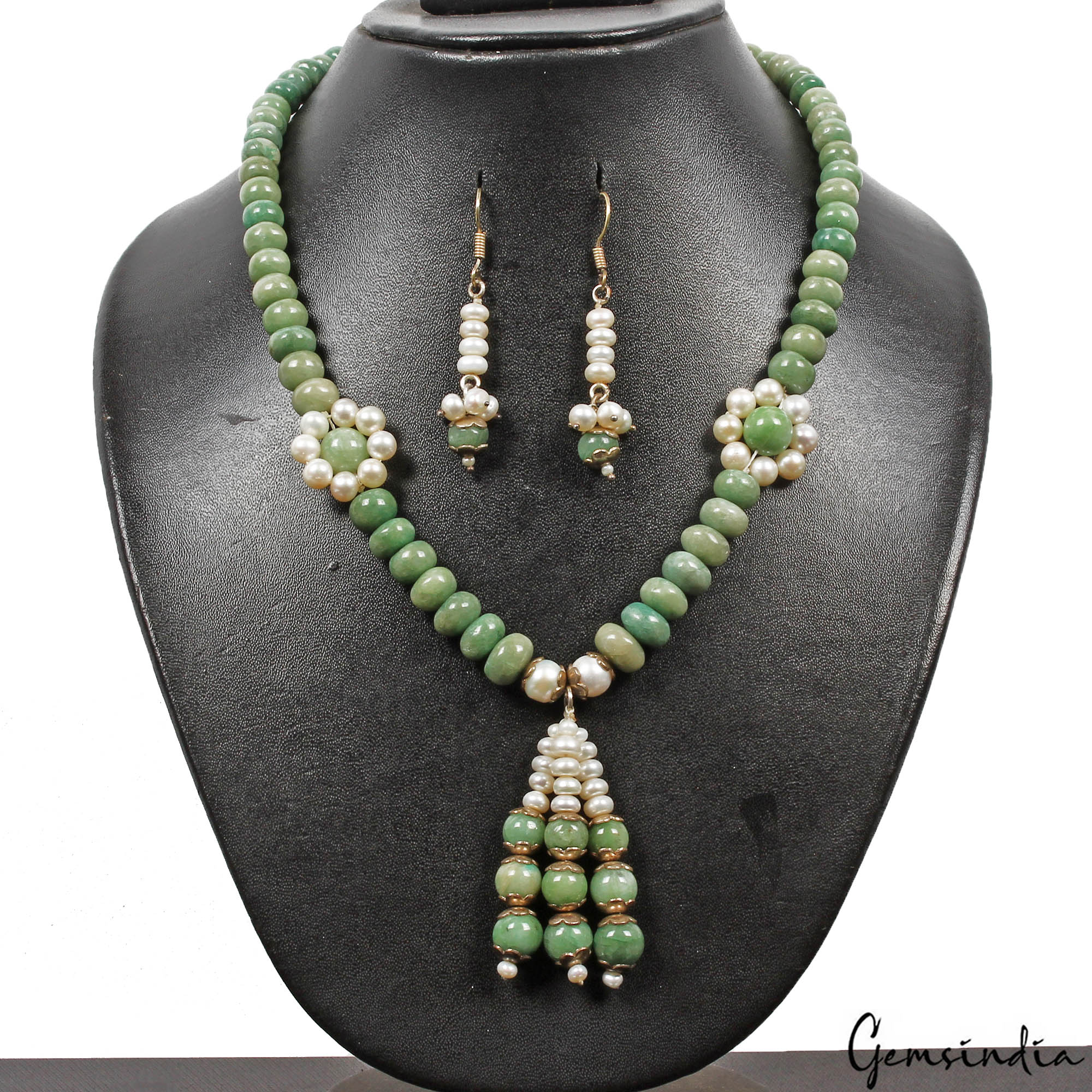 433 Cts Natural Green Emerald Freshwater Pearl Round Beaded Handmade Jewelry Set