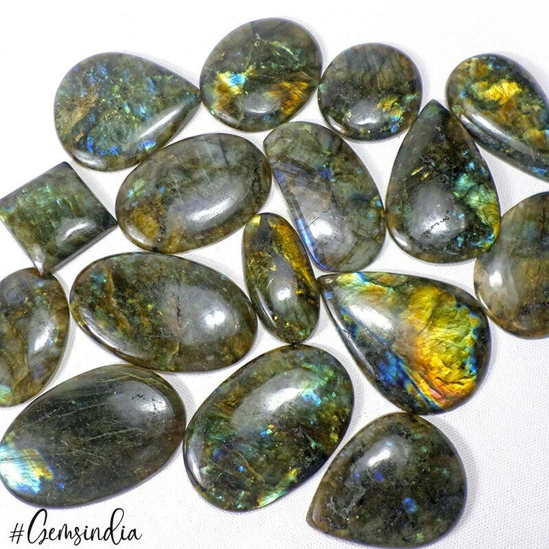 Super Wholesale 2500 Ct/16Pcs Natural Yellow/Blue Shine Labradorite Mix Cab Gems