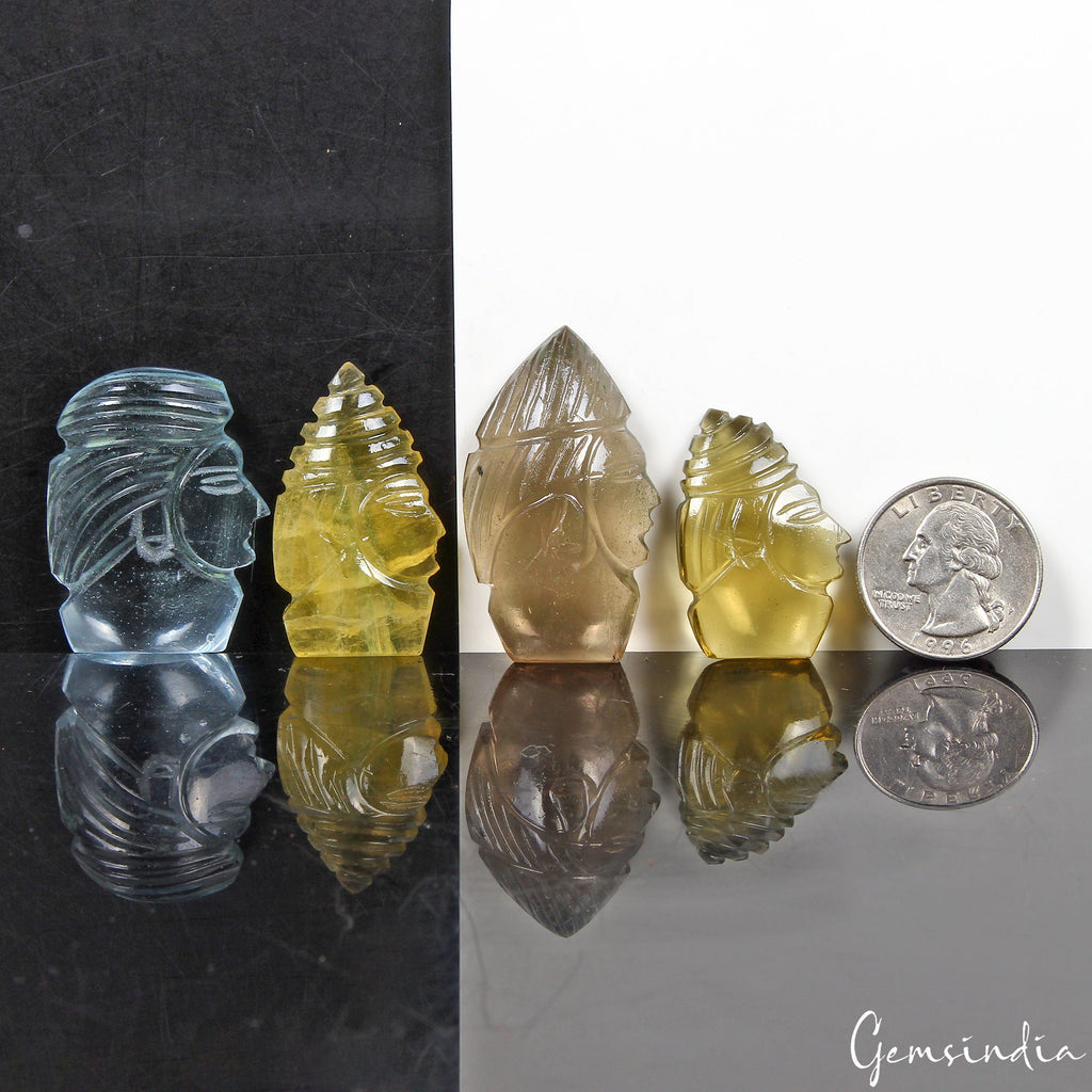 280 Ct/4Pcs Natural Fluorite Gemstones Warrior Head Pocket Size Carved Sculpture