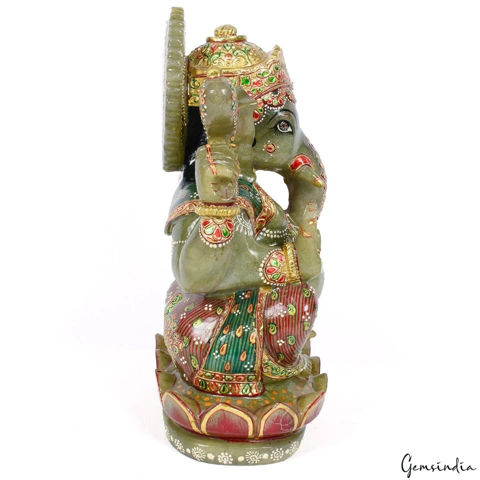 5.1 Kg Natural Aventurine Singlestone Carved Lord Ganesha Gold Paint Sculpture