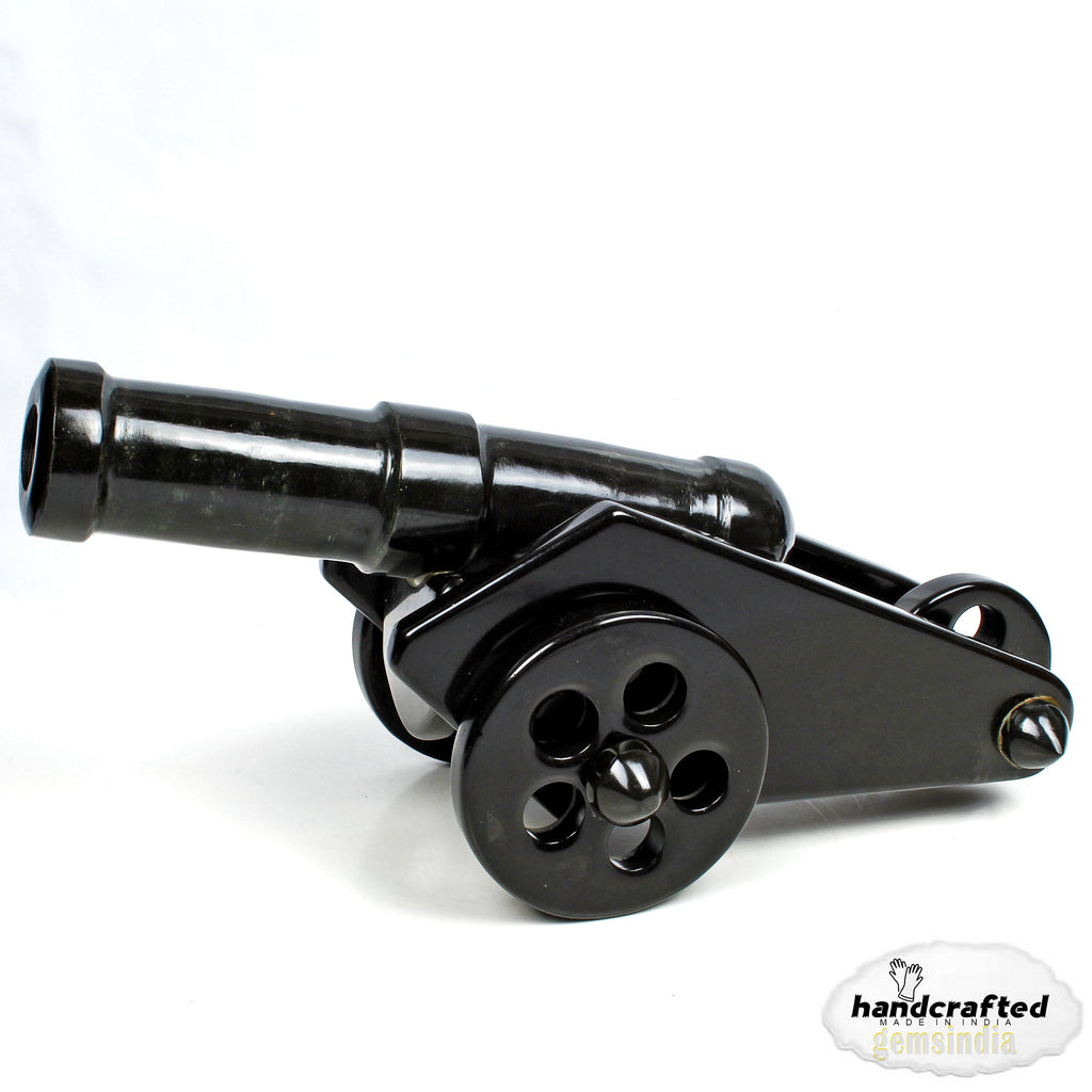 gemsindia Hand Carved Black Agate Carved Cannon with wheel play all stone joints