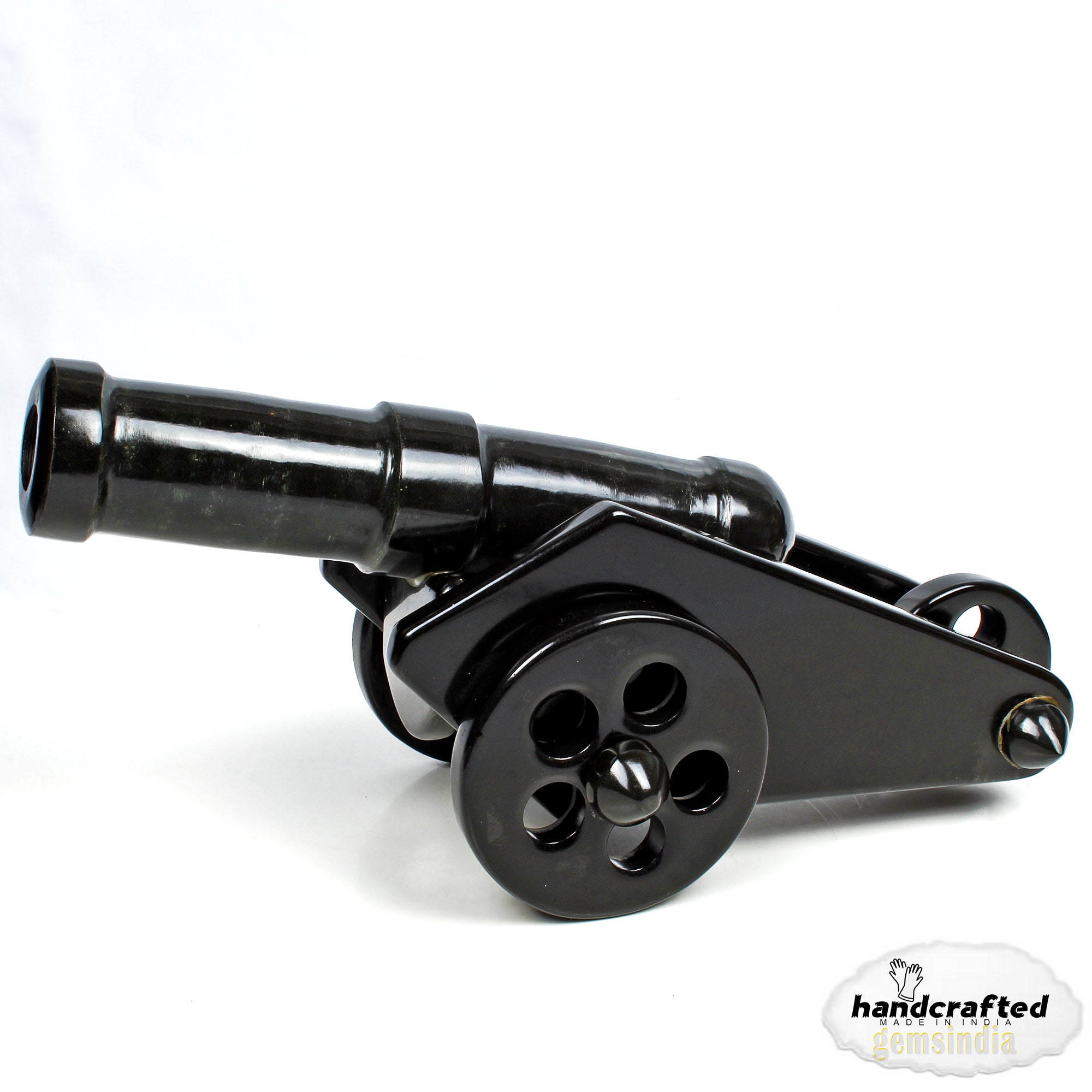 gemsindia Hand Carved Black Agate Carved Cannon with wheel play all stone joints