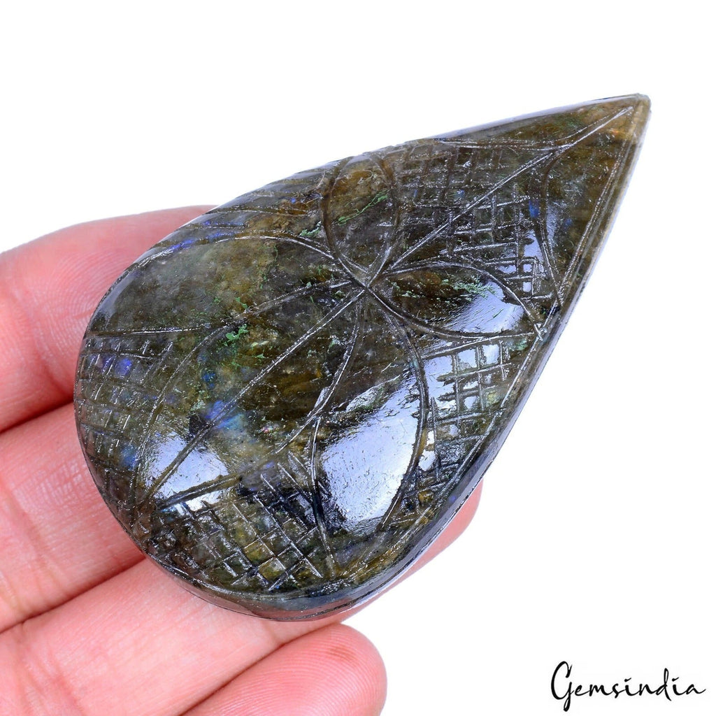 282.30 Ct Natural Blue Shine Labradorite Pear Carving Untreated Pendant Size Gem