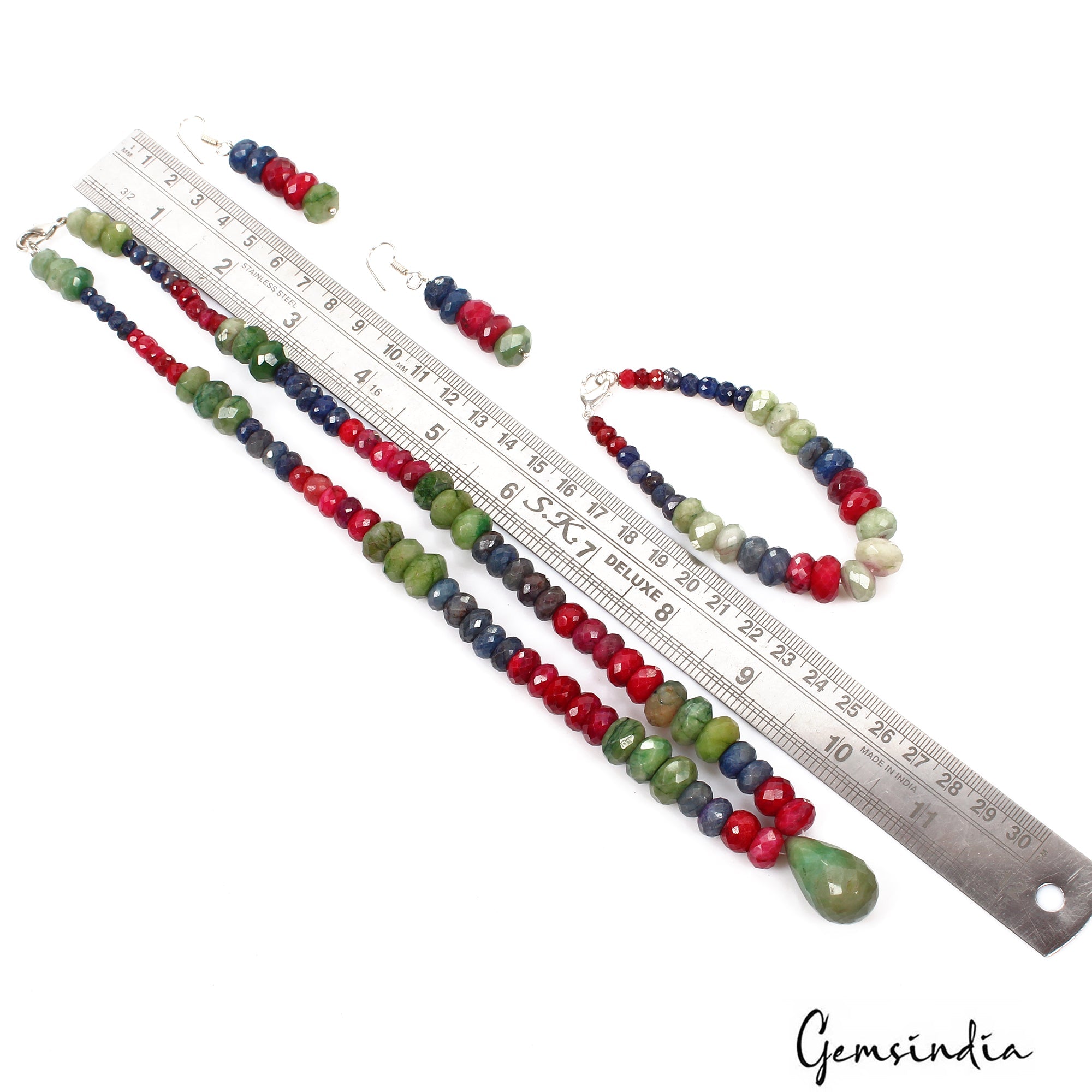 711.80 Ct Natural Multi Color Ruby Emerald Sapphire Round Cut Beaded Jewelry Set