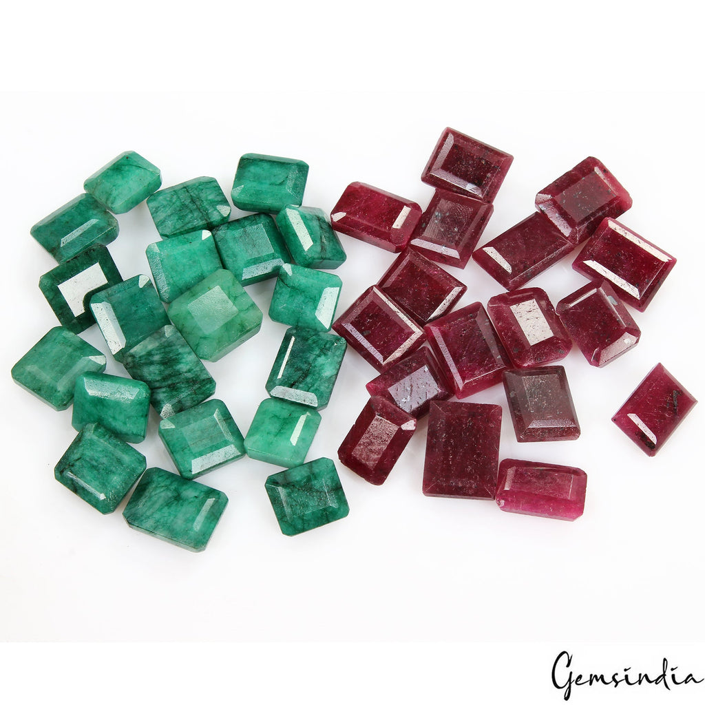 440 Ct/37 Pcs Natural Red Ruby Green Emerald Baguette Cut Loose Gems For Jewelry