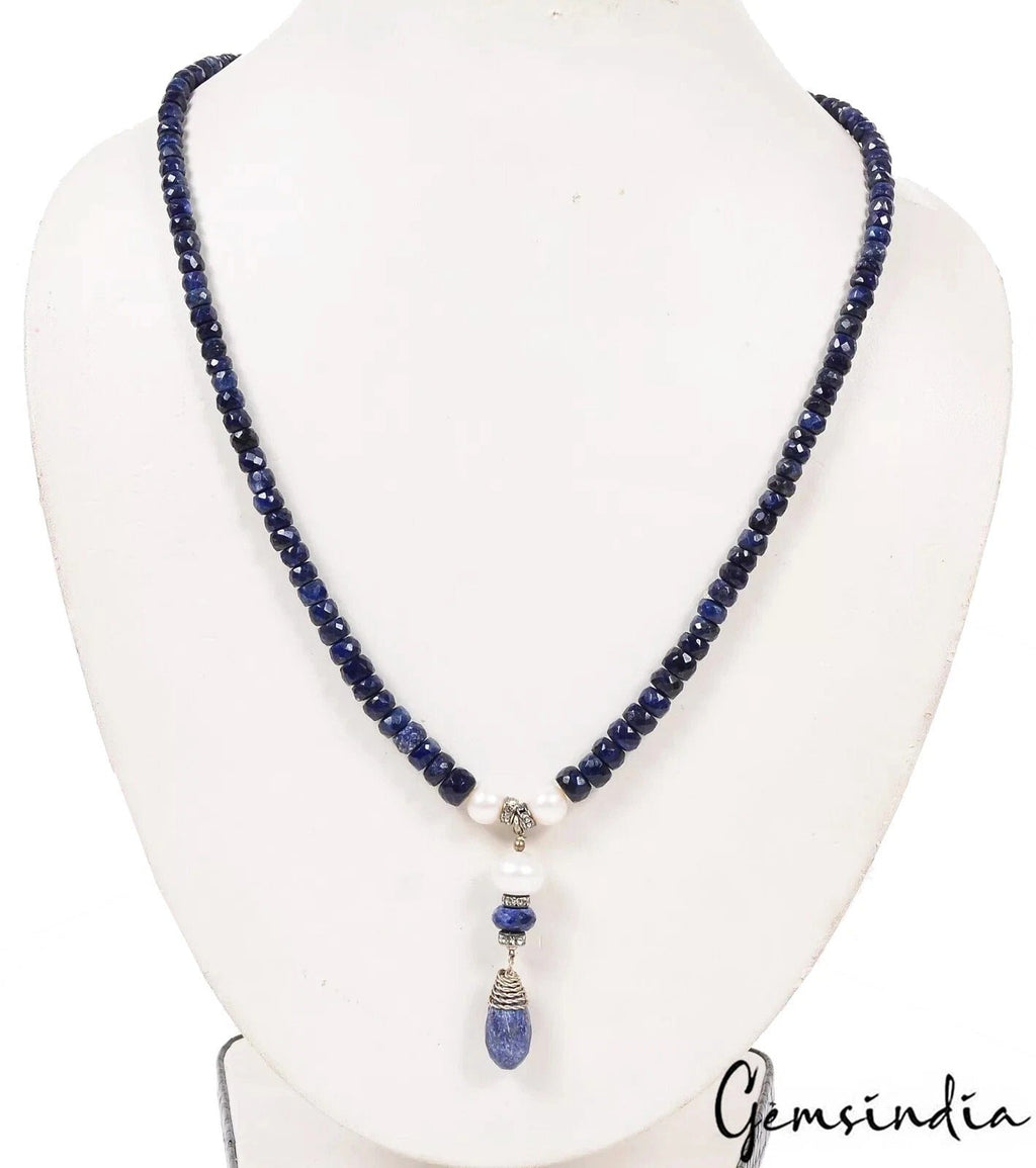 195.00 Ct Natural Blue Sapphire Round Beaded Single Line Handmade Necklace 19"