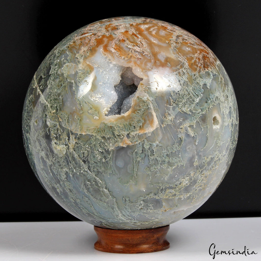 4 in Large Natural Moss Agate Geode Druzy Sphere Quartz Crystal Ball Healing