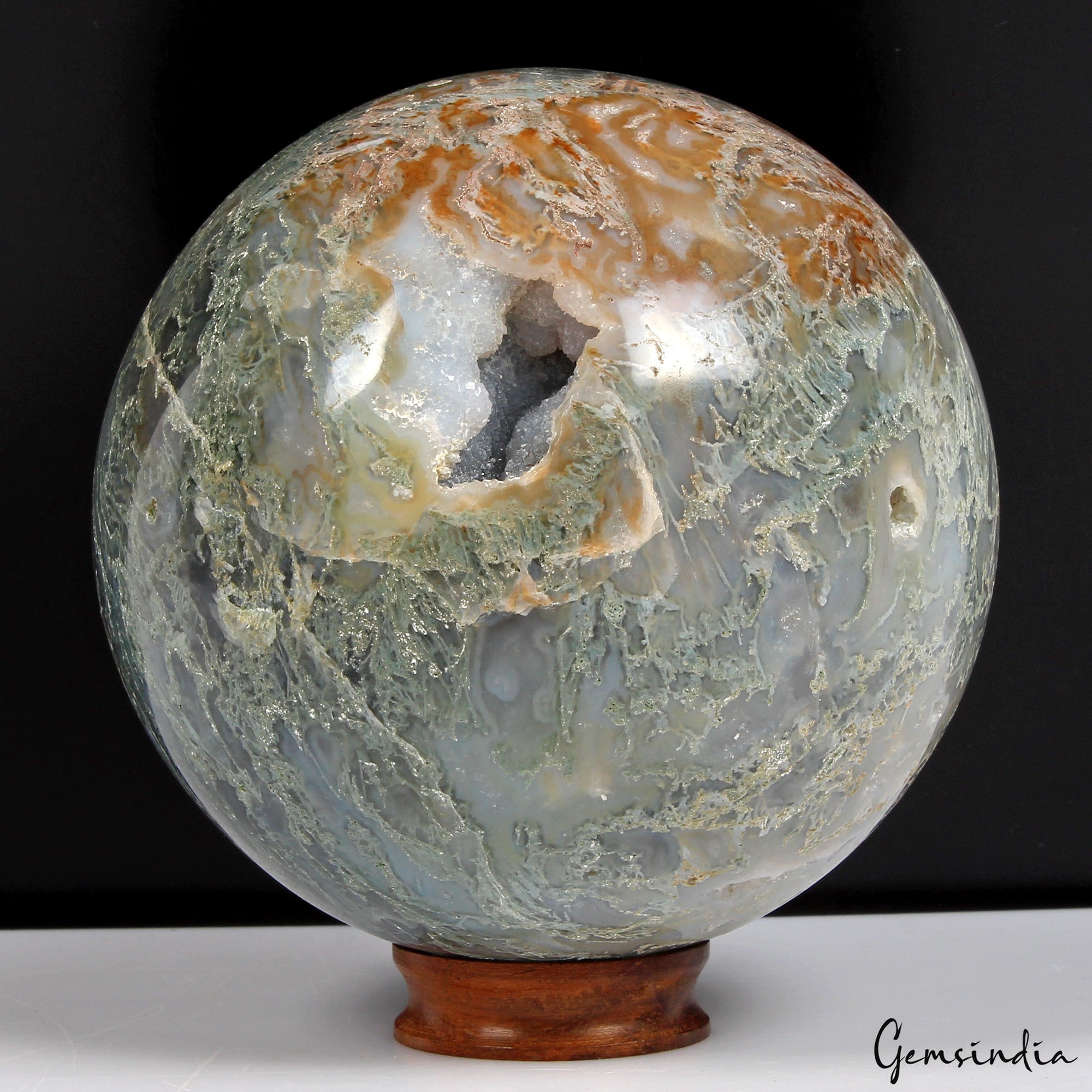 4 in Large Natural Moss Agate Geode Druzy Sphere Quartz Crystal Ball Healing