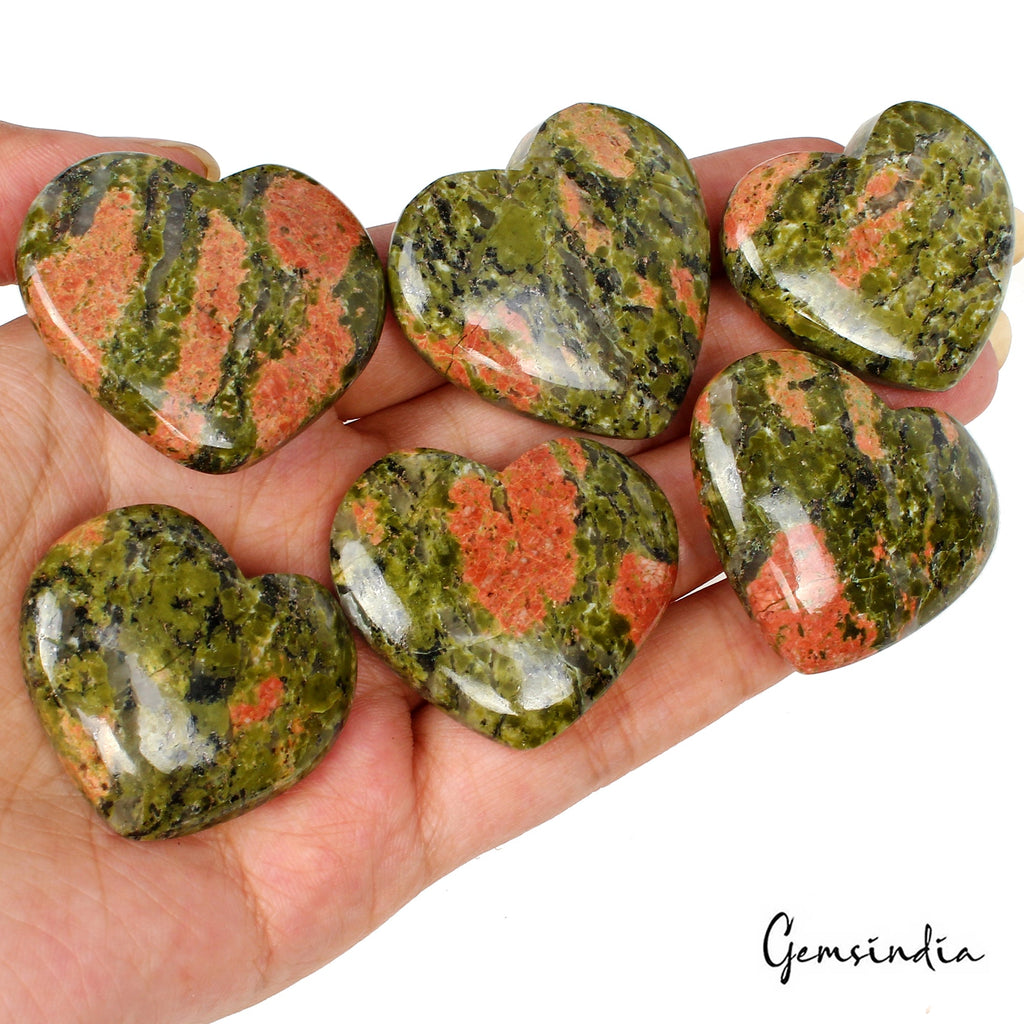 650 Ct/6Pcs Natural Untreated Bi-Color Unakite Jasper Heart Cab Gems for Jewelry