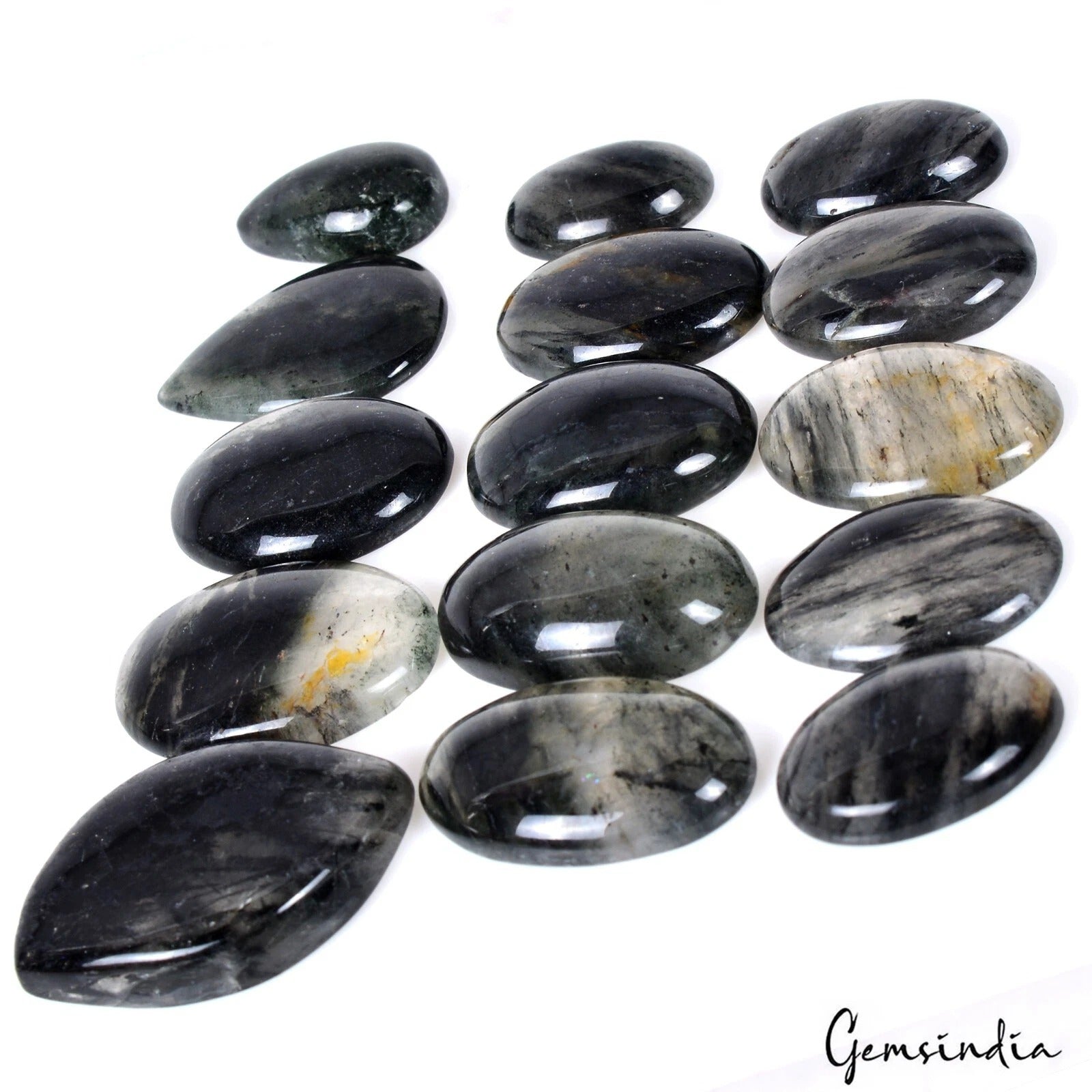 Rutilated Quartz Lot, Cabochon, Untreated, Black — 15 Pieces, 21mm to 37mm, 430 Ct, Madagascar