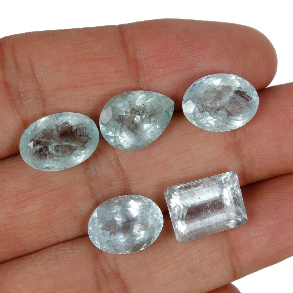 Natural Aquamarine Loose Gemstone Lot - 5 Pcs Mixed Shapes Oval Pear Emerald Cut
