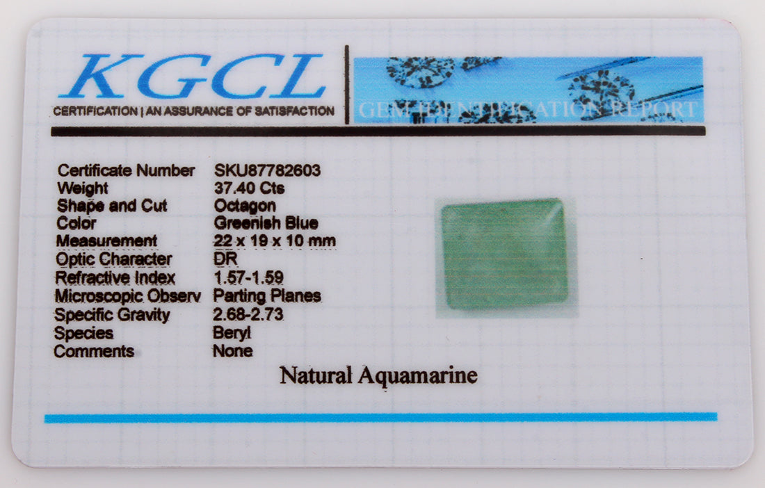 Certified 37.40 Cts Green Santa Maria Aquamarine Gem From Brazil, Natural Color