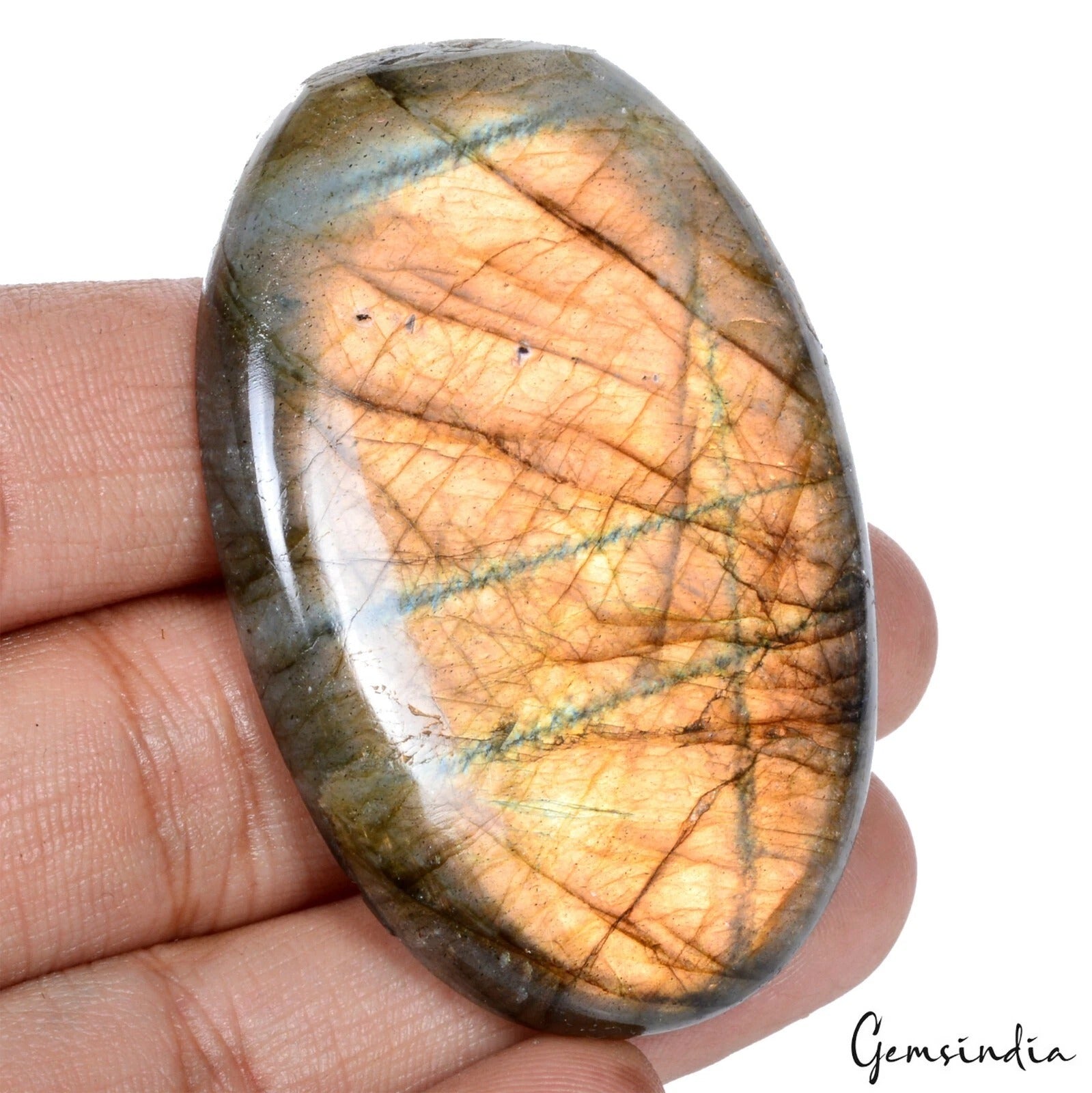 Labradorite Cabochon, Untreated, Yellow — 60 x 41 x 9 mm, 200.70 Ct