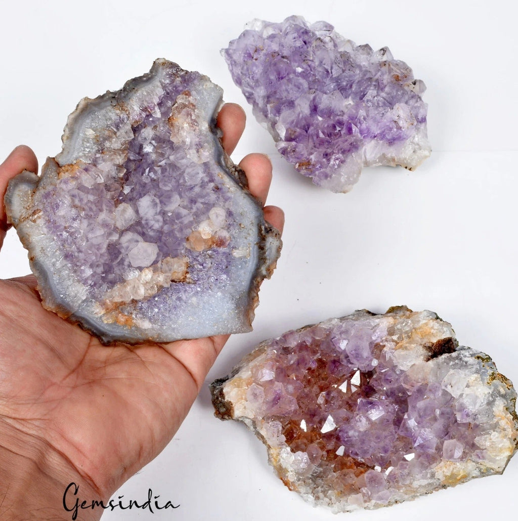 3 Pc/1.4 kg Natural Purple Amethyst Stone Cluster Rough Crystal Specimen w/Stand