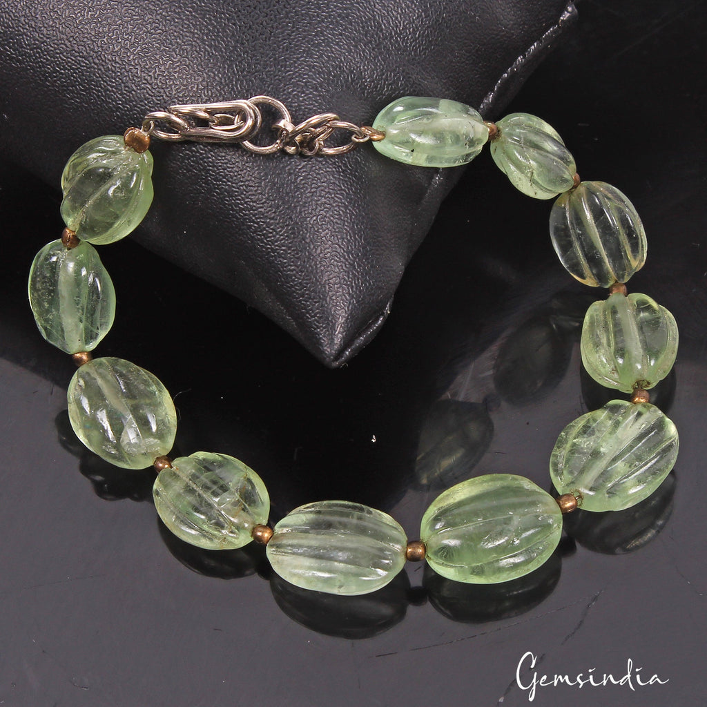 87.60 Ct Natural Untreated Fluorite Oval Cut Carving Beaded Handmade Bracelet