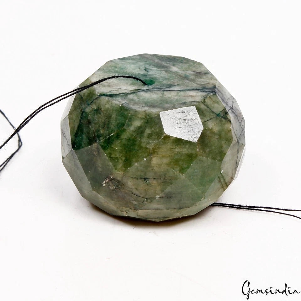 197 Ct Natural Green Emerald Round Faceted 32mm Drilled Huge Size Bead Gemstone
