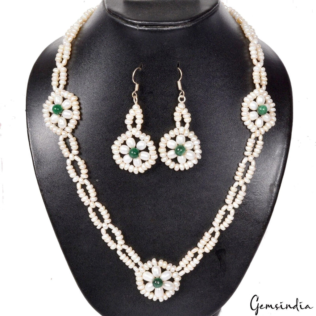318.80 Ct Freshwater Pearl & Emerald Beaded Designer Handmade Necklace w/Earring