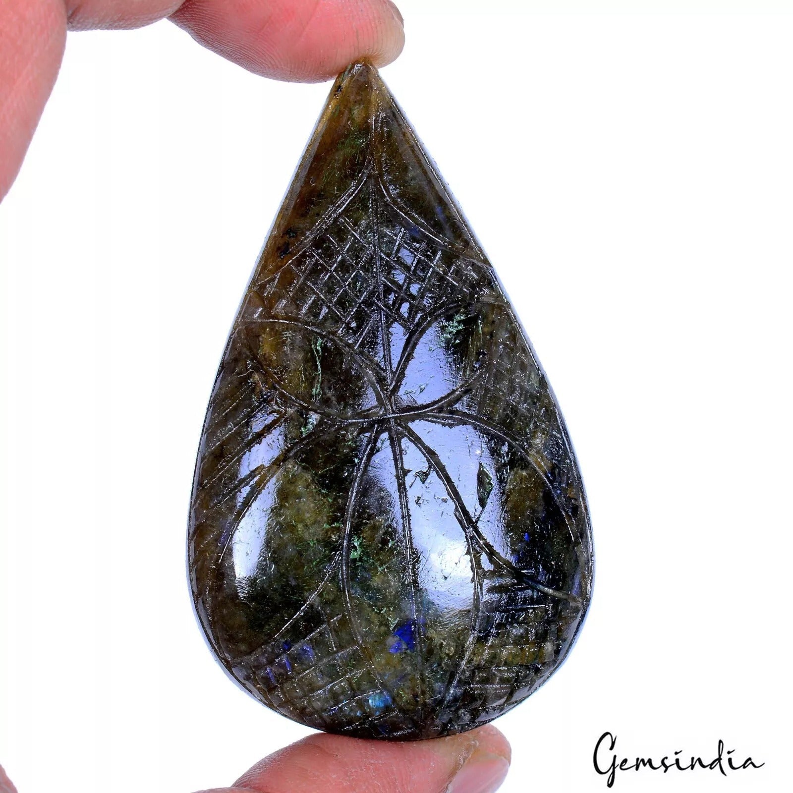 282.30 Ct Natural Blue Shine Labradorite Pear Carving Untreated Pendant Size Gem