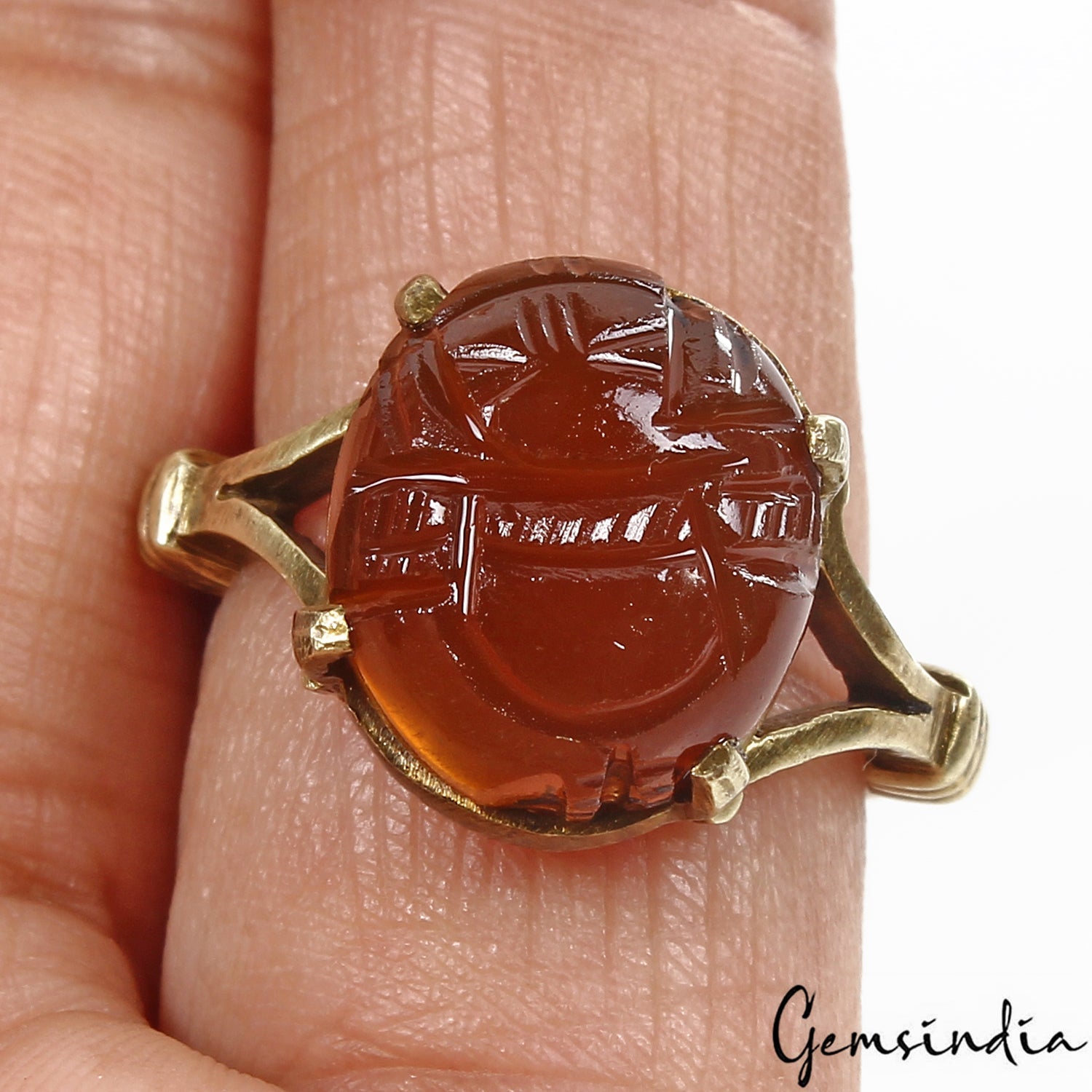 5.30 gm Orange Onyx Carved Ganesha Gem Ashtadhatu Astrological Adjustable Ring
