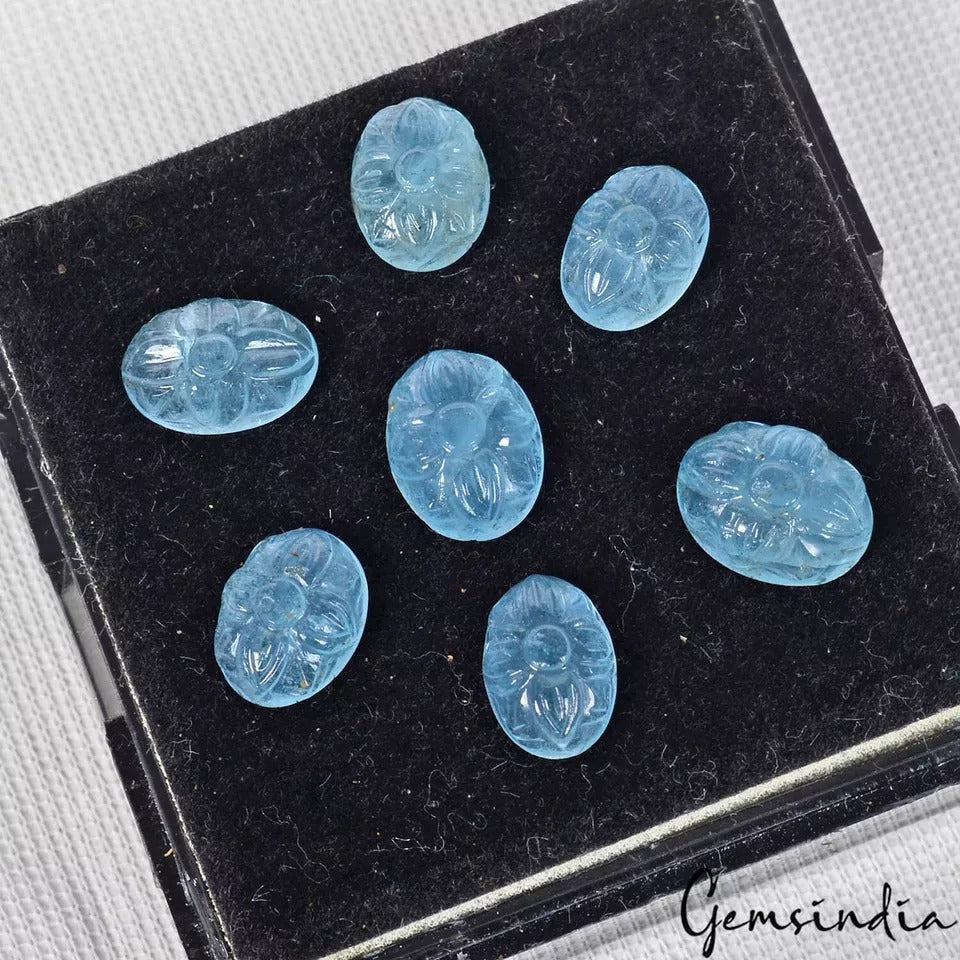 17.20 Ct/7 Pcs Natural Untreated Blue Aquamarine Oval Hand Carved Loose Gems Lot