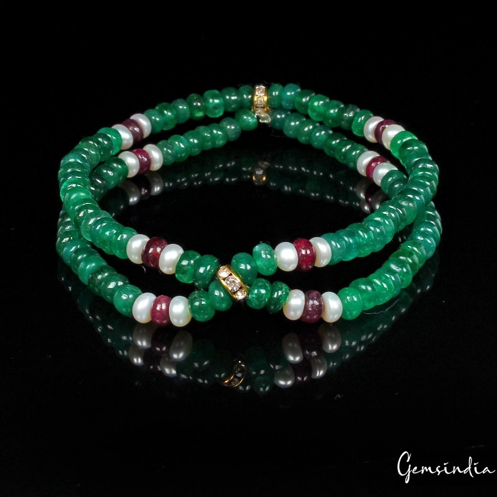 60.40Ct Natural Emerald Ruby Pearl Round Bead Stretchable Handmade Bracelet 6.5"