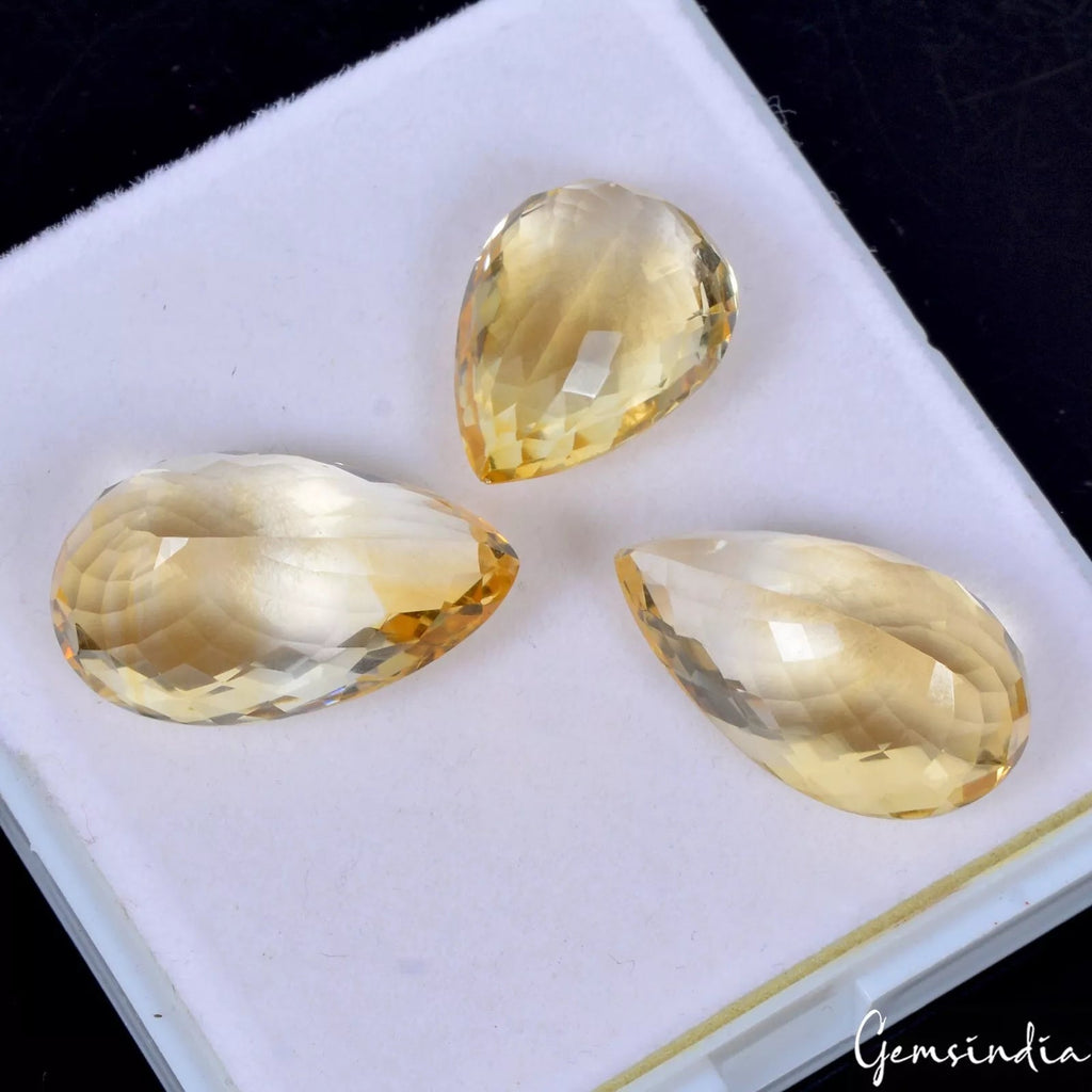 64.50 Ct Yellow Unheated Citrine Pear Checker Cut 19-25mm Natural Gemstone/3 Pcs