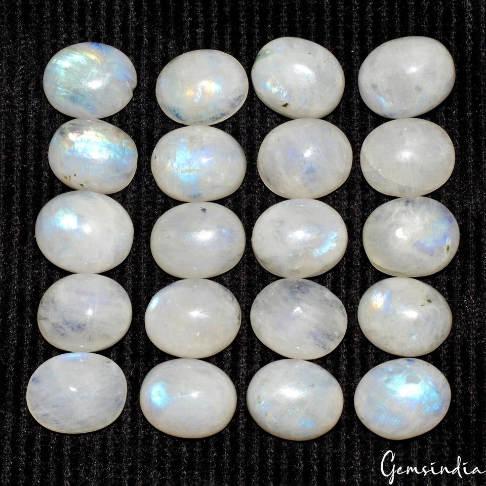 Lot 20 Pcs Natural Rainbow Moonstone Blue Fire 12mmx10mm Oval Cabochon Gemstones