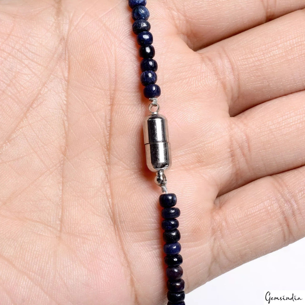 Single Line Natural Sapphire Round Cabochon Beaded Handmade Women Necklace~ 18"