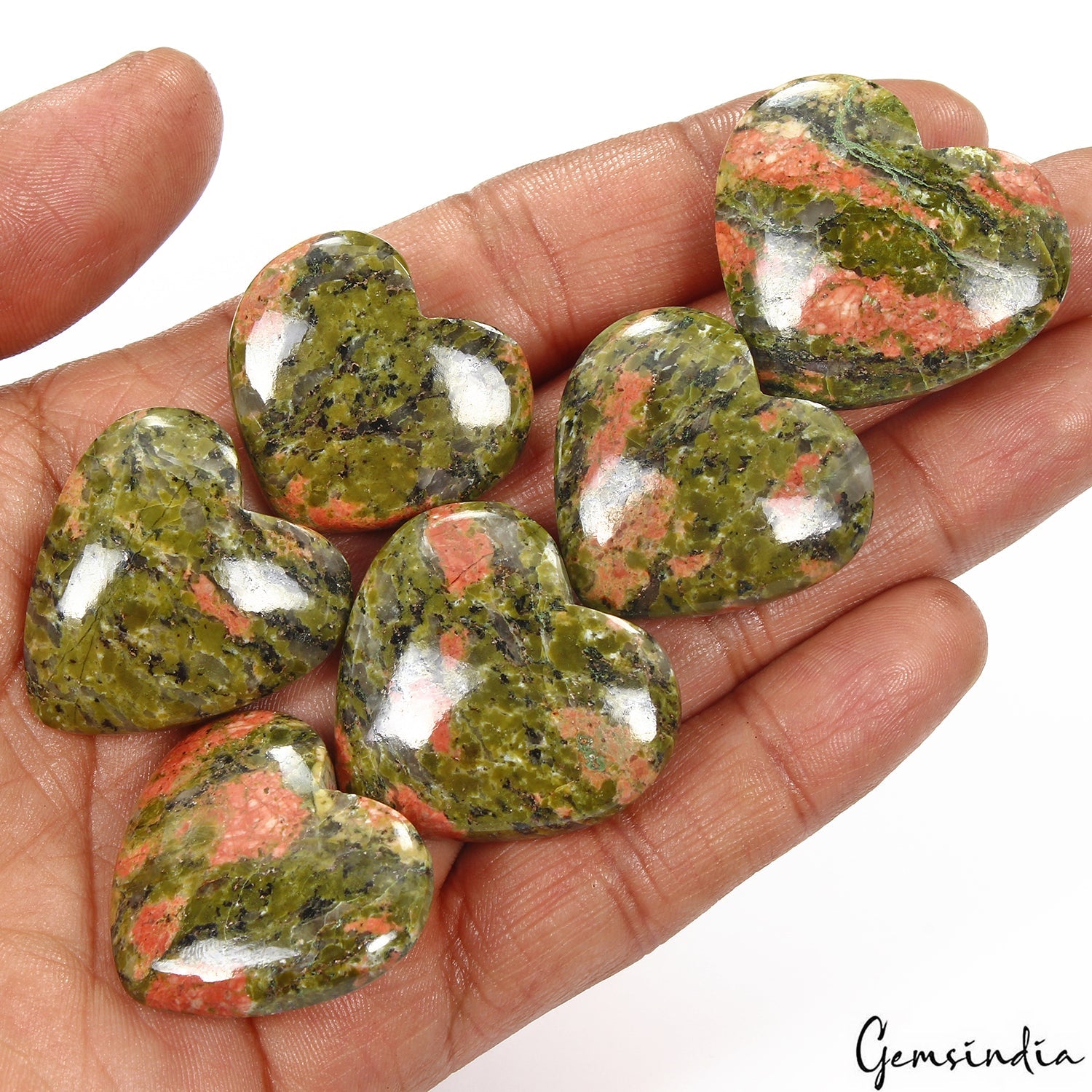 500 Cts/6 Pcs Natural Untreated Bi-Color Unakite Jasper Heart Cab Loose Gems Lot