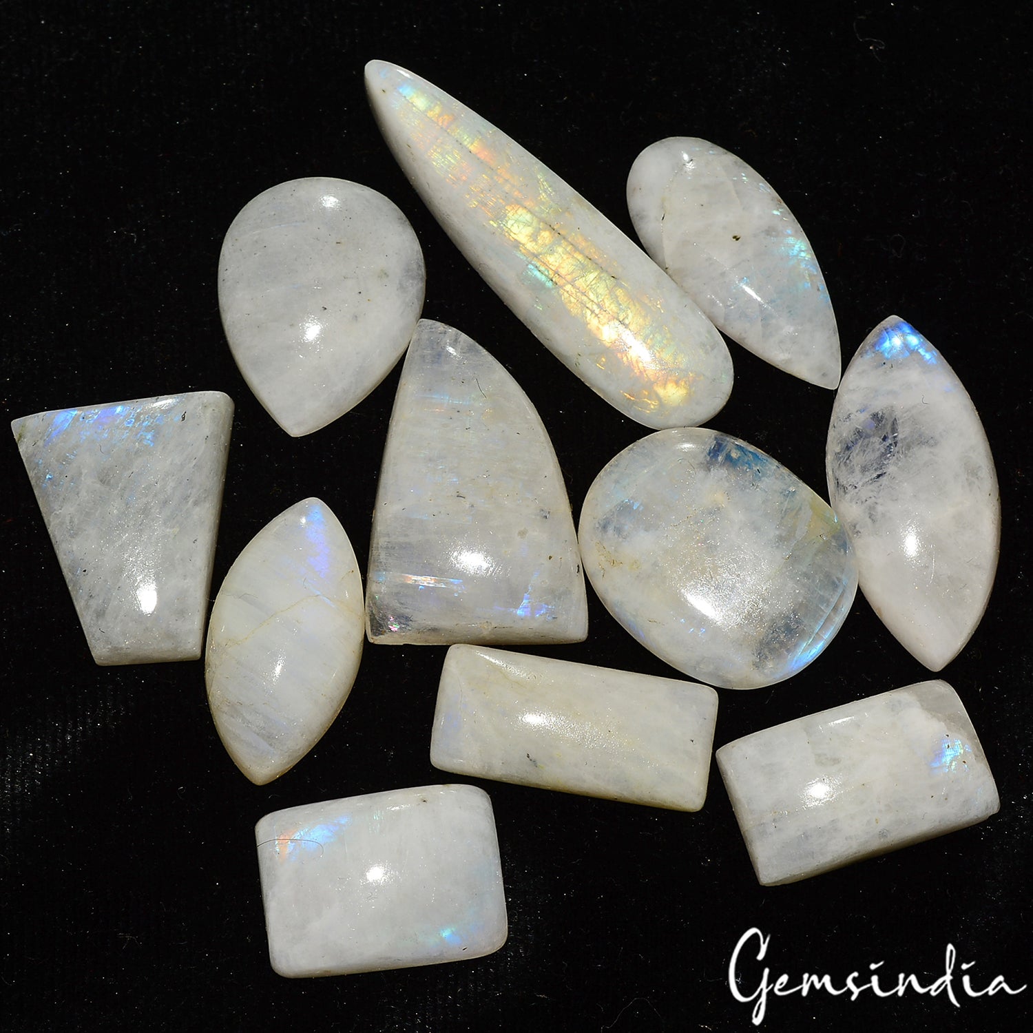 100% Natural Blue Flash Moonstone Mix Cabochon 300 Ct Loose Gemstones Lot~11 Pcs
