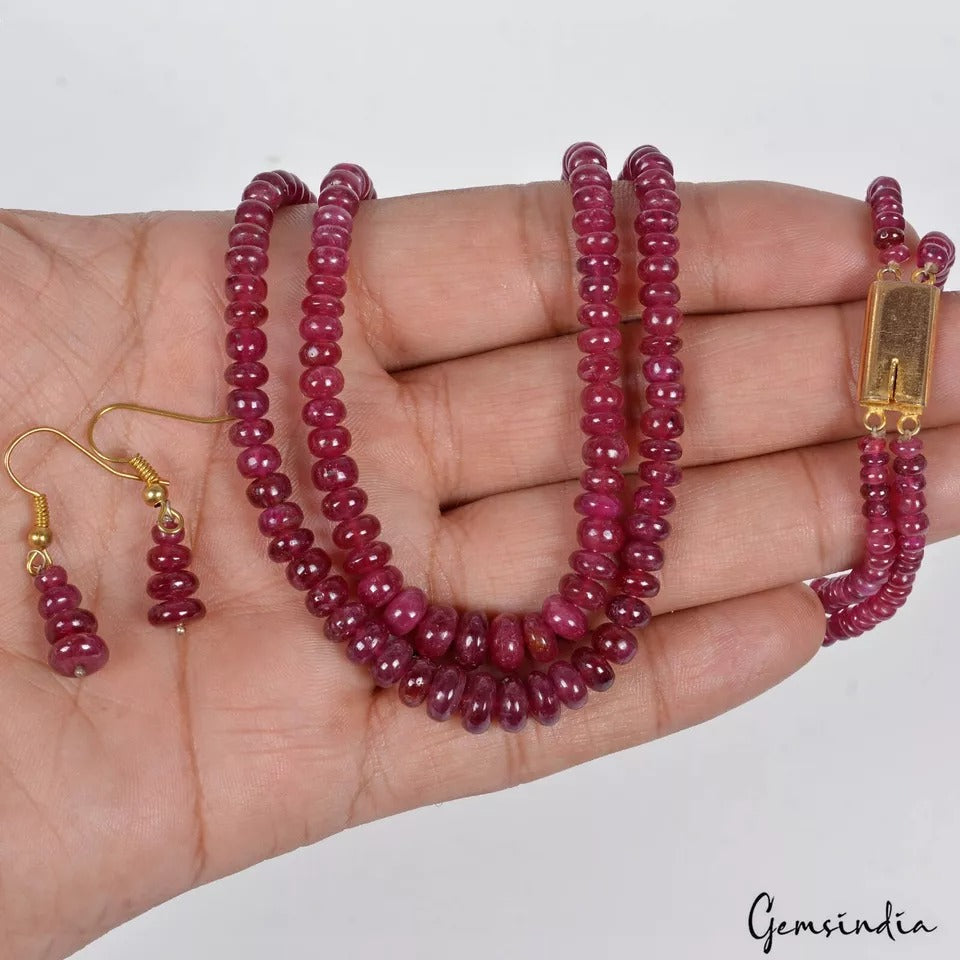 289+Ct Natural Red Ruby Round Beaded Handmade Double Strand Necklace & Earring