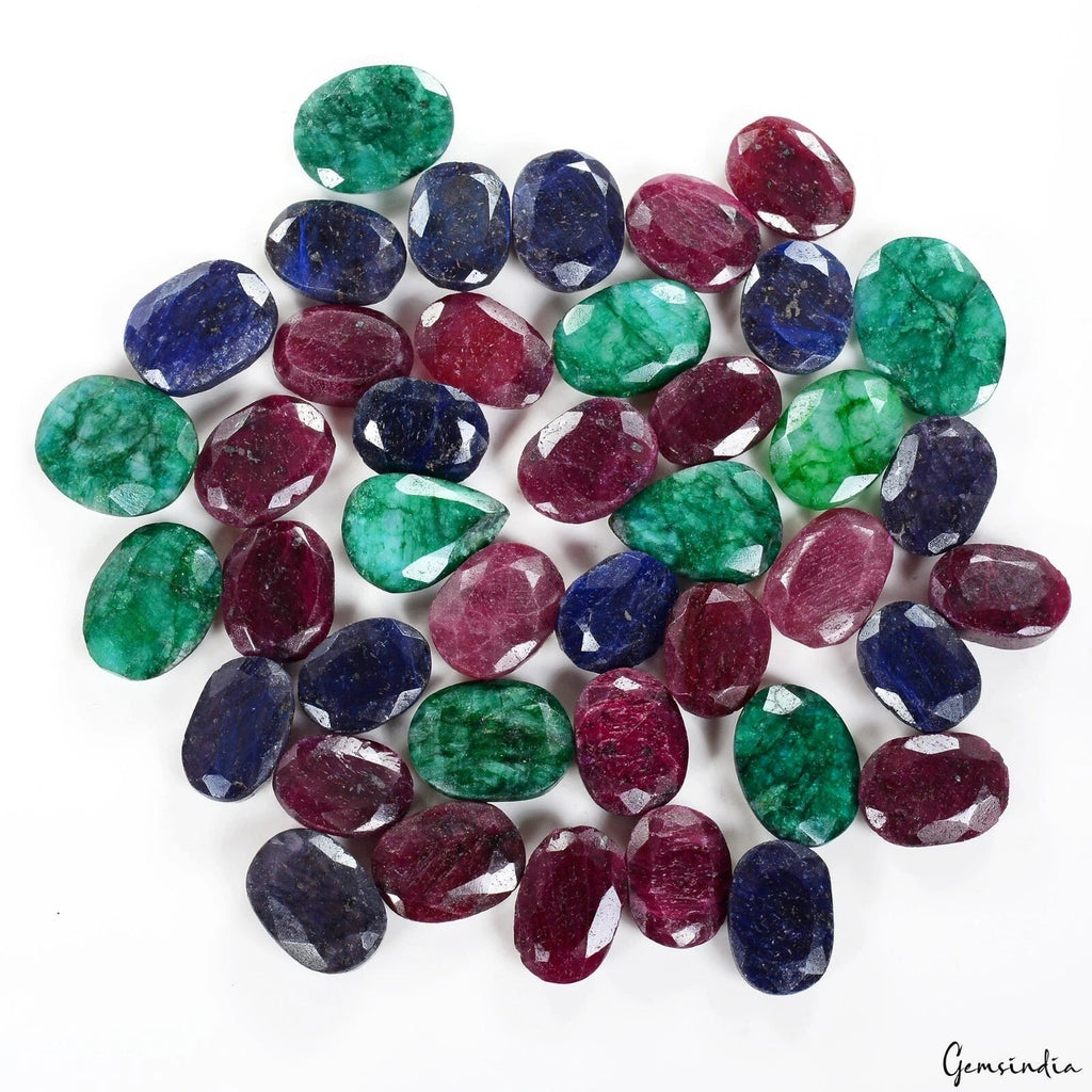 780 Ct Natural Emerald Ruby Sapphire Loose Gemstones Lot-Faceted Oval/Pear-40 Pc