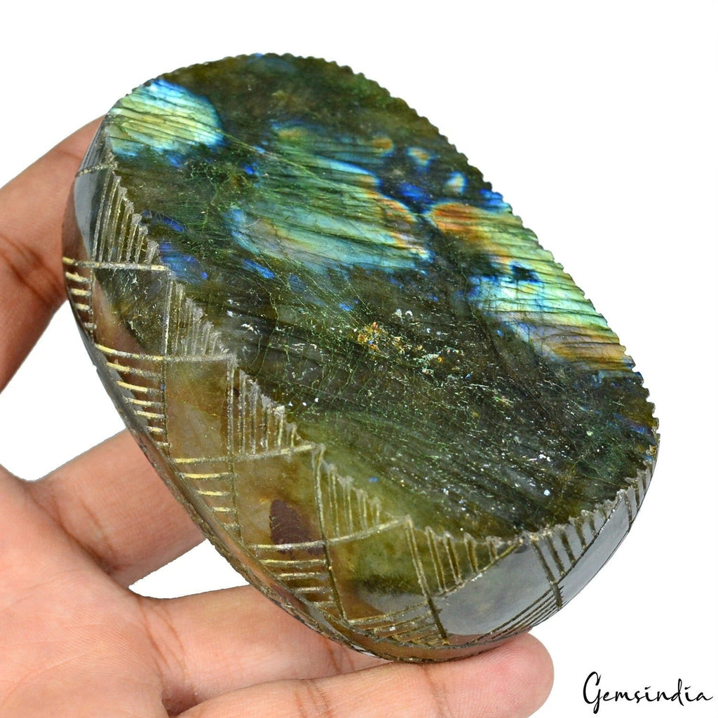 2520 Cts Natural Labradorite Blue Shine Oval Shape Floral Hand Carving Gemstone