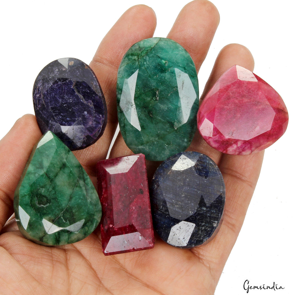 1020 Ct/6 Pcs Natural Multi Color Emerald Ruby Sapphire Mixed Cut Loose Gems Lot